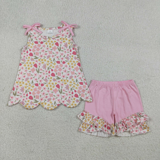 3.26 RTS NO MOQ （In stock）GSSO3389 Kids Clothing for Baby Girls Short Sleeve Colorful Flowers Scallop Tunic Ruffle Shorts Clothes Set