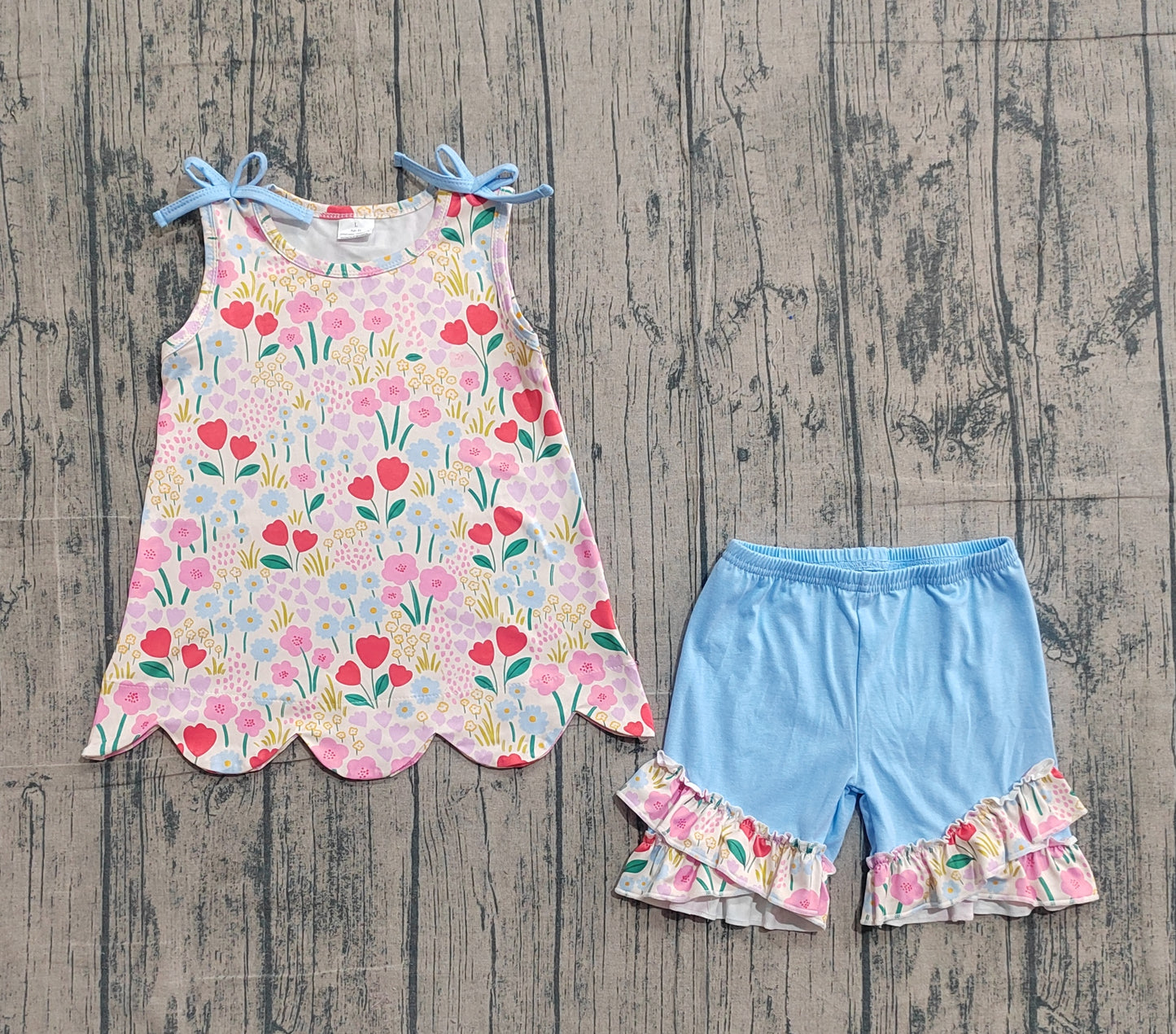 3.9 GSSO3390 Sample No Moq Baby Girls Sleeveless Colorful Flowers Tunic Ruffle Shorts Clothes Set