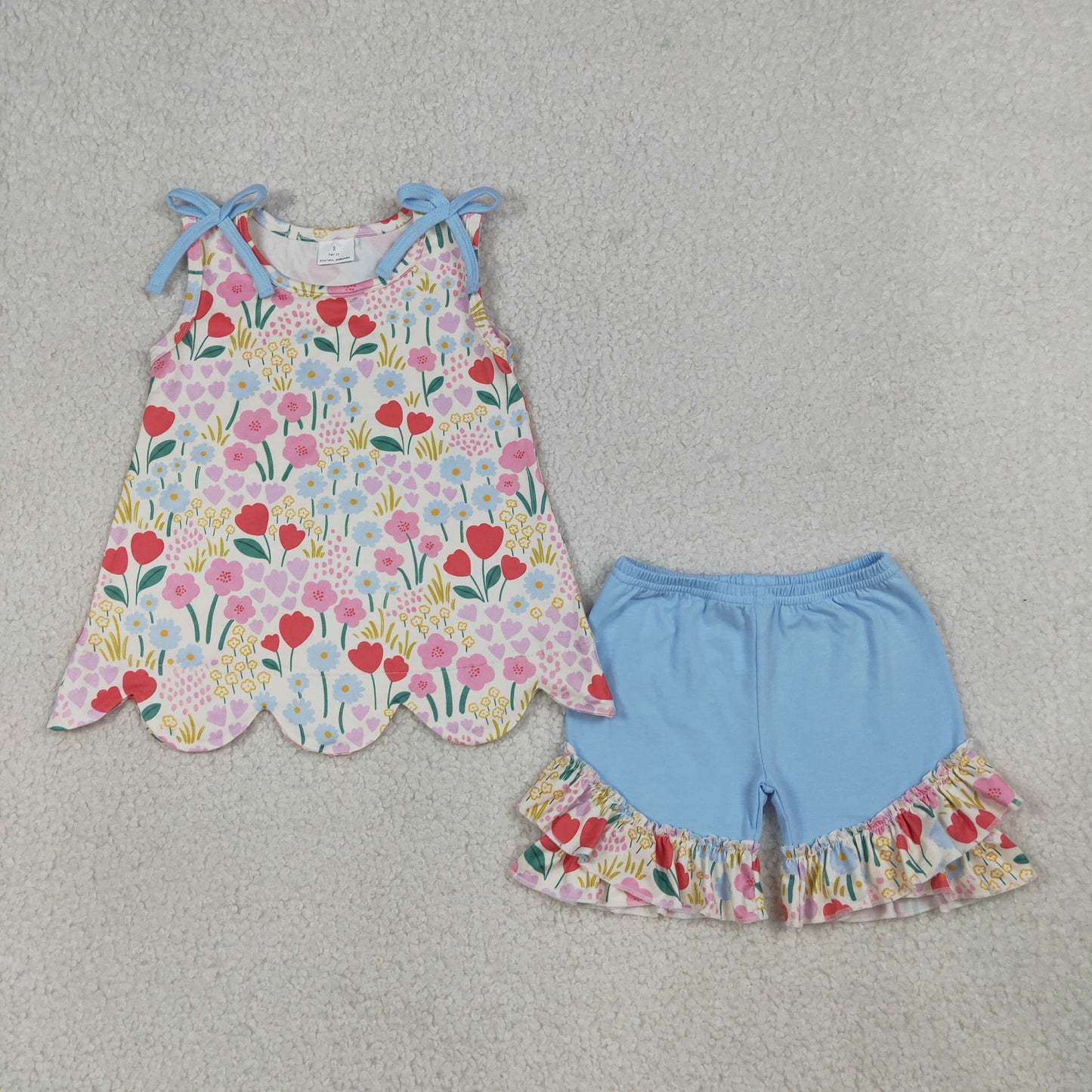 4.7 GSSO3390 RTS NO MOQ （In stock ）Baby Girls Sleeveless Colorful Flowers Scallop Tunic Ruffle Shorts Clothes Set