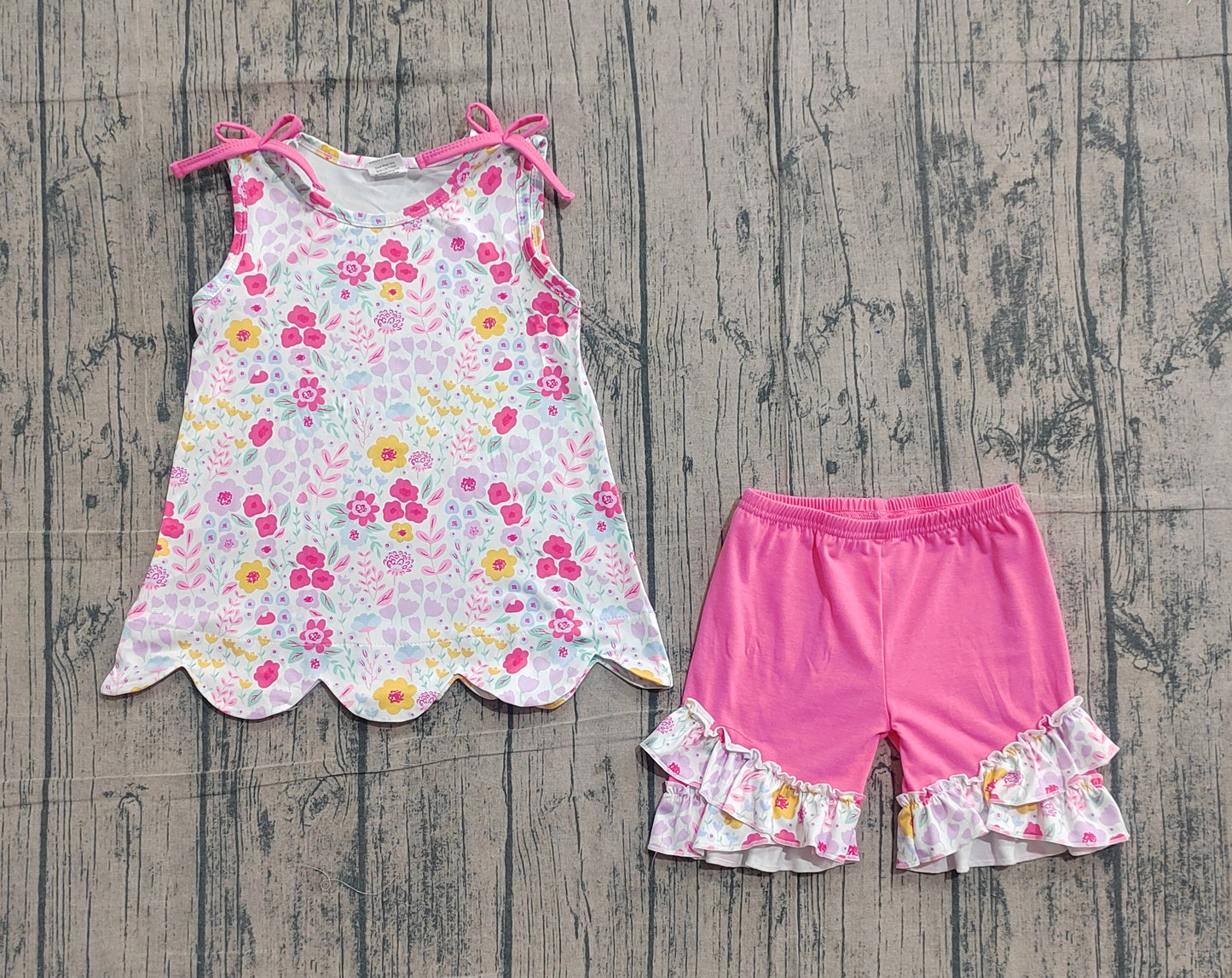 3.9 GSSO3391 Sample No Moq Baby Girls Sleeveless Colorful Flowers Tunic Ruffle Shorts Clothes Set