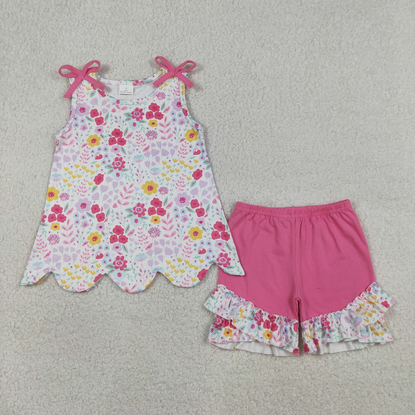 3.27 GSSO3391 RTS NO MOQ （In stock ）Sleeveless floral scallop top hot pink shorts girls outfits