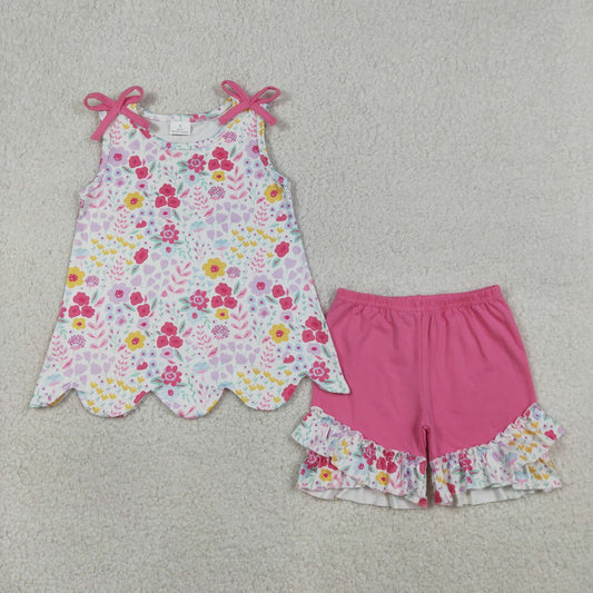 3.27 GSSO3391 RTS NO MOQ （In stock ）Sleeveless floral scallop top hot pink shorts girls outfits