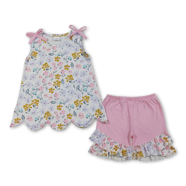 RTS Sibling Sibling Baby Girls Colorful Flowers Scallop Tunic Ruffle Short Clothes Sets