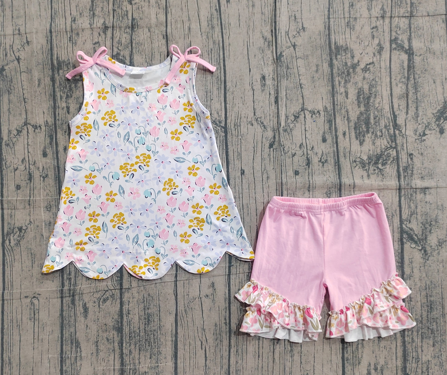 3.9 GSSO3392 Sample No Moq Baby Girls Sleeveless Colorful Flowers Tunic Ruffle Shorts Clothes Set