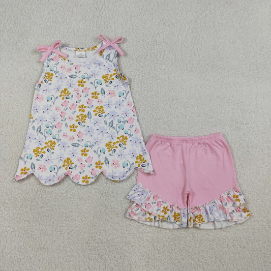3.26 RTS NO MOQ （In stock）GSSO3392 Kids Clothing for Baby Girls Short Sleeve Colorful Flowers Scallop Tunic Ruffle Shorts Clothes Set