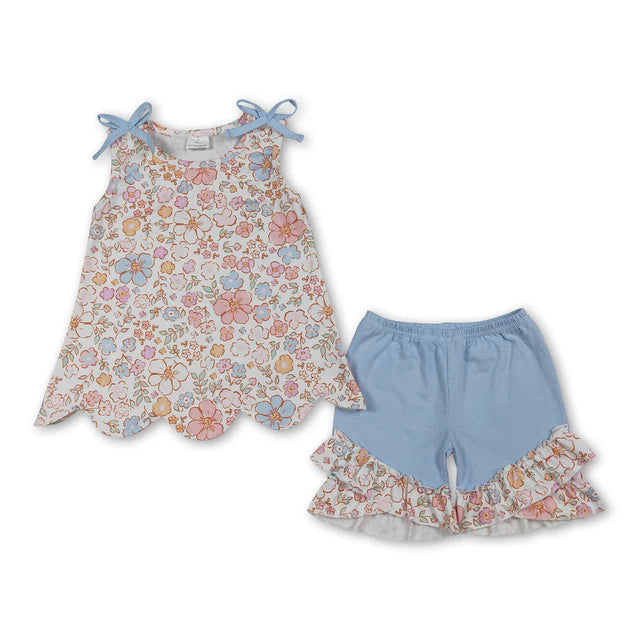 RTS Sibling Sibling Baby Girls Colorful Flowers Scallop Tunic Ruffle Short Clothes Sets