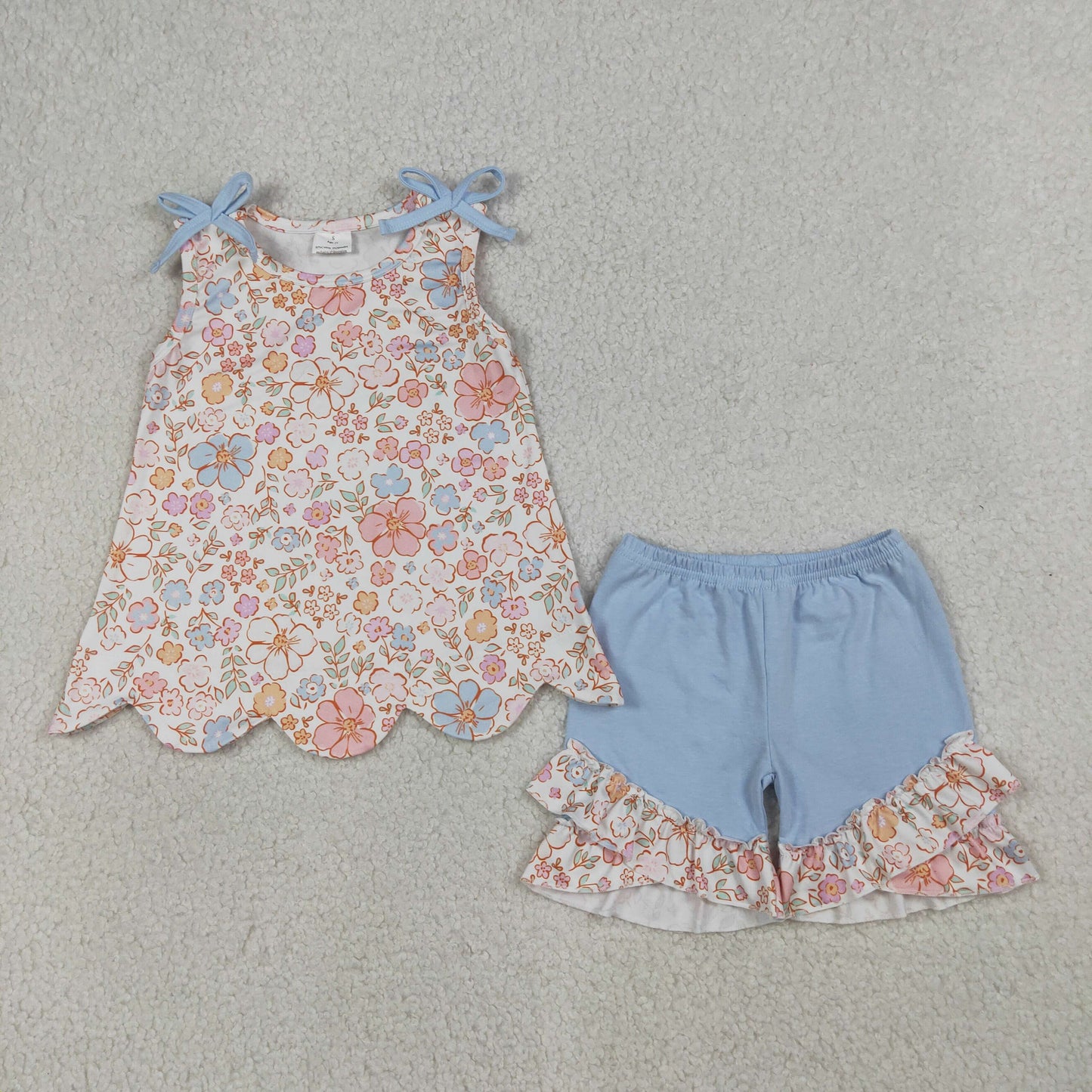 4.1 RTS NO MOQ （In stock）GSSO3393 Sleeveless floral scallop top shorts girls outfits