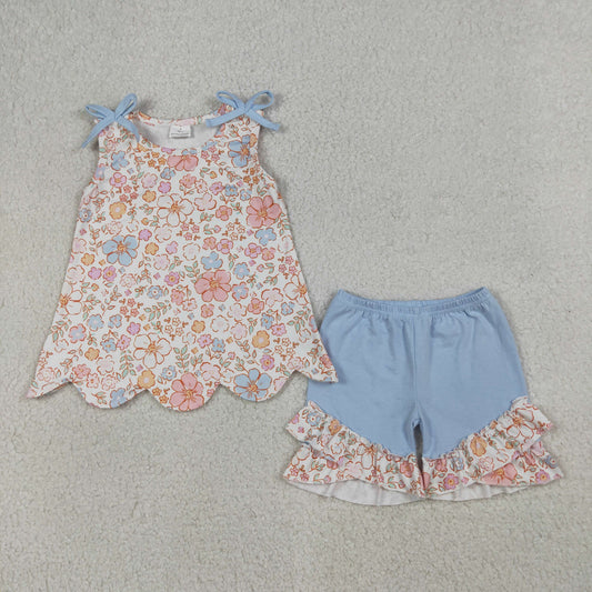 4.1 RTS NO MOQ （In stock）GSSO3393 Sleeveless floral scallop top shorts girls outfits