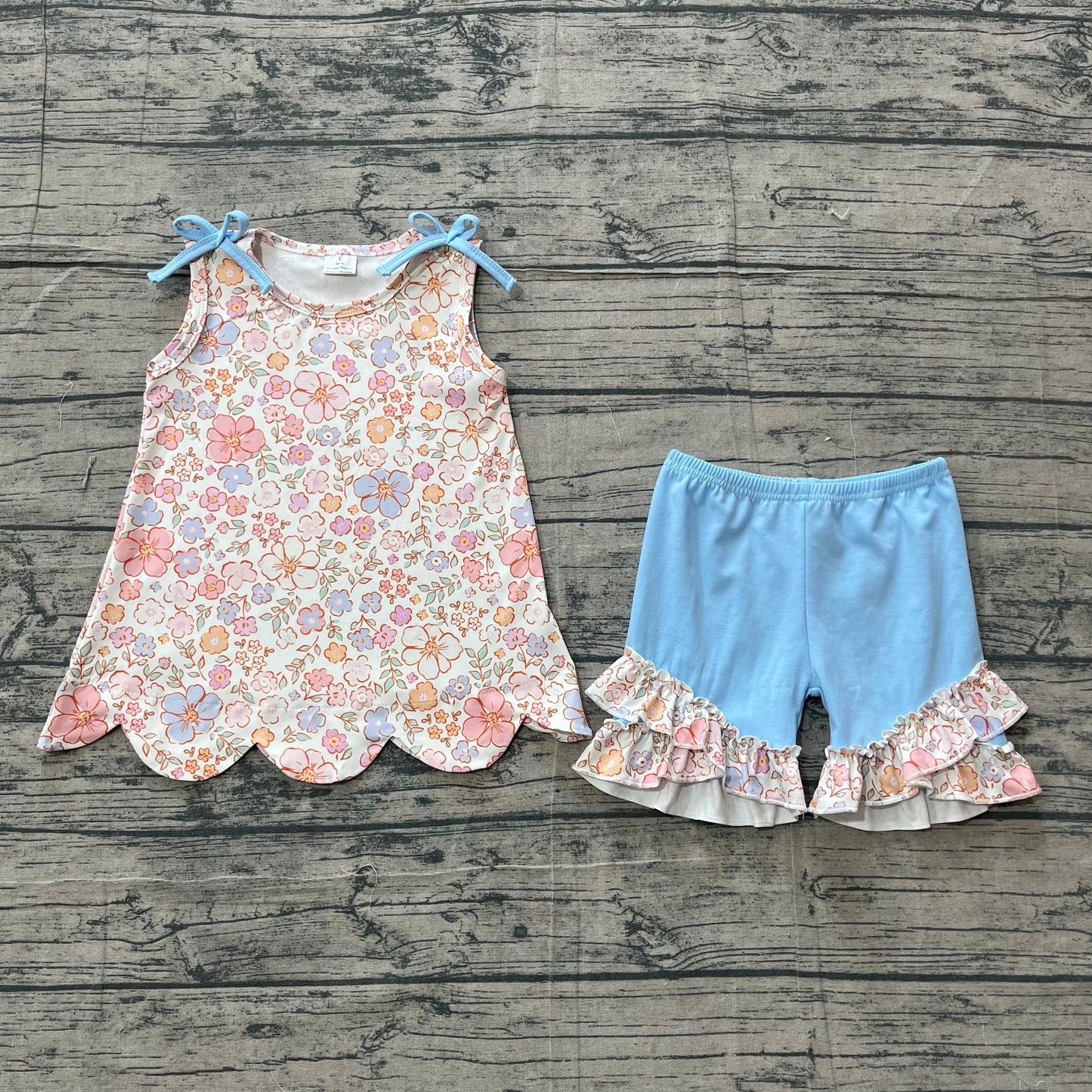 3.16 GSSO3393 Sample No Moq Baby Girls Summer Fashion Sleeveless Colorful Flowers Tunic Ruffle Shorts Clothes