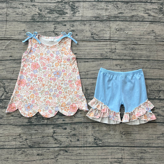 3.16 GSSO3393 Sample No Moq Baby Girls Summer Fashion Sleeveless Colorful Flowers Tunic Ruffle Shorts Clothes