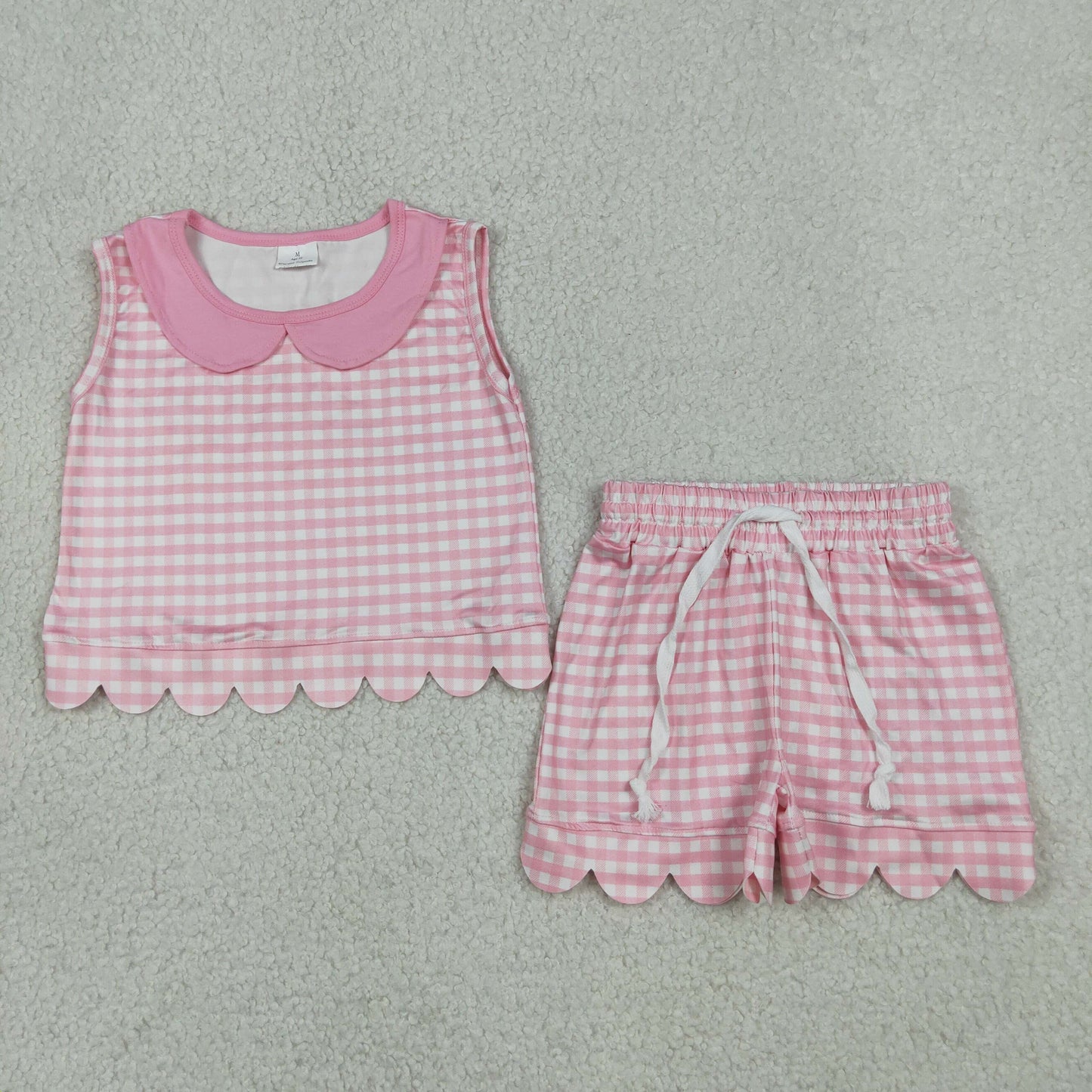 GSSO3394 RTS NO MOQ （In stock）Sleeveless pink plaid scallop top shorts girls outfits