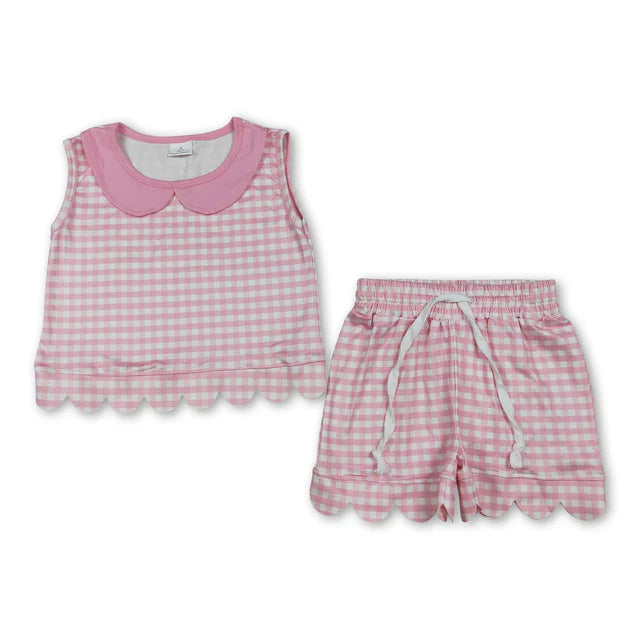 RTS Sibling Baby Girls Short Sleeve Collar Checked Top Pockets Shorts Scallop Clothes Sets