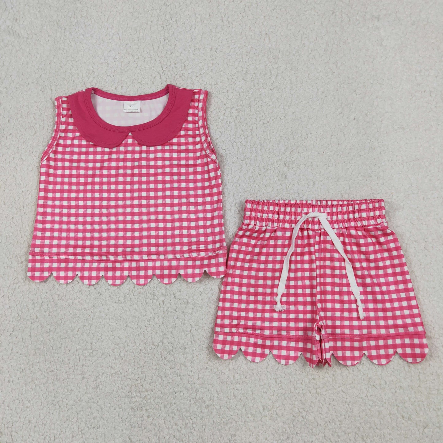 GSSO3395 RTS NO MOQ （In stock）Sleeveless hot pink plaid scallop top shorts girls outfits