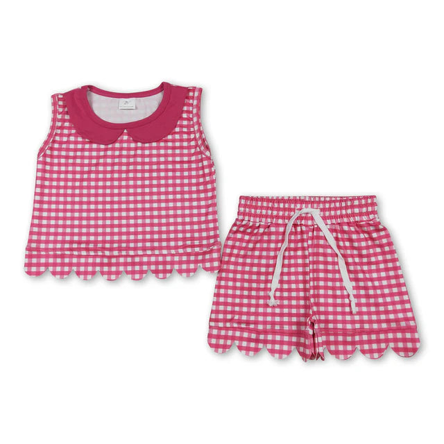 RTS Sibling Baby Girls Short Sleeve Collar Checked Top Pockets Shorts Scallop Clothes Sets