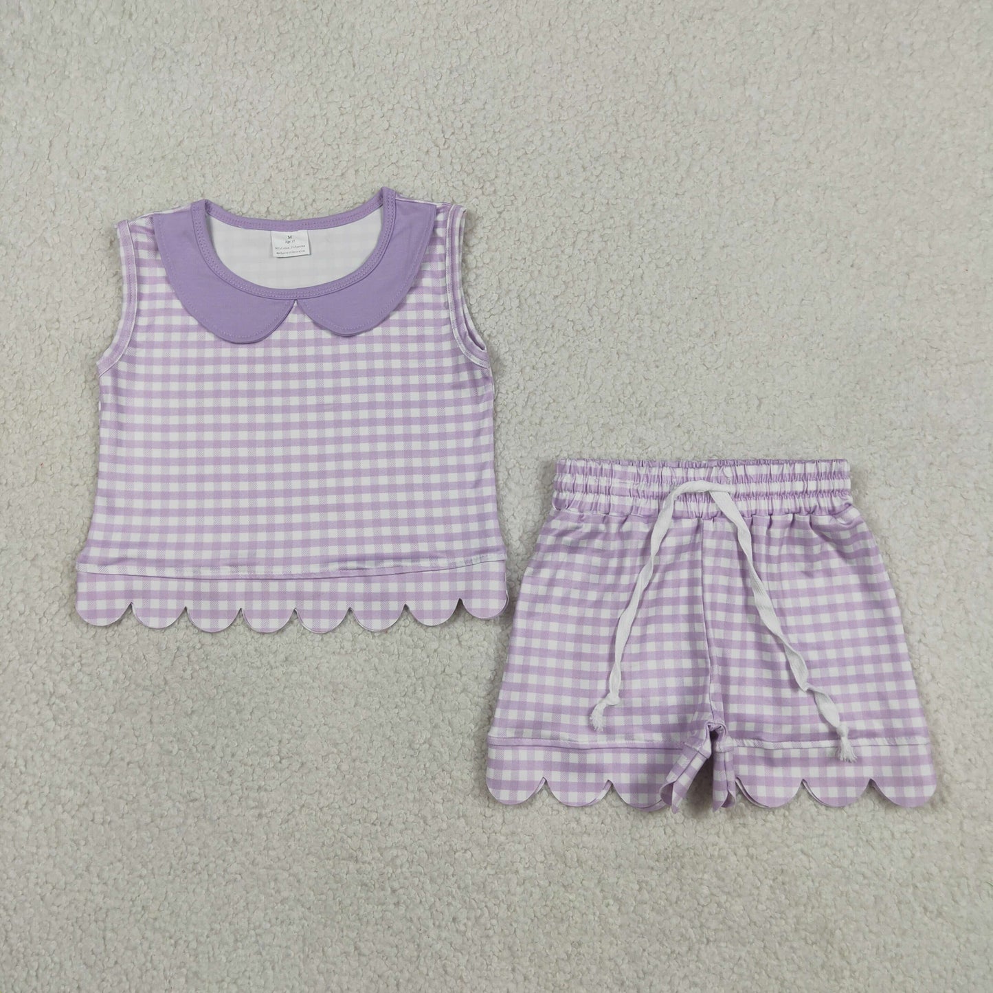 GSSO3396 RTS NO MOQ （In stock ）Sleeveless lavender plaid scallop top shorts girls outfits