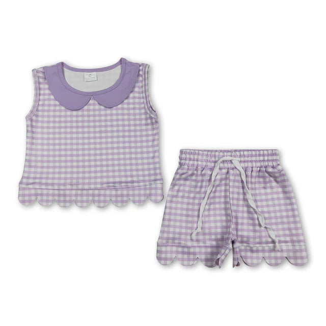 RTS Sibling Baby Girls Short Sleeve Collar Checked Top Pockets Shorts Scallop Clothes Sets