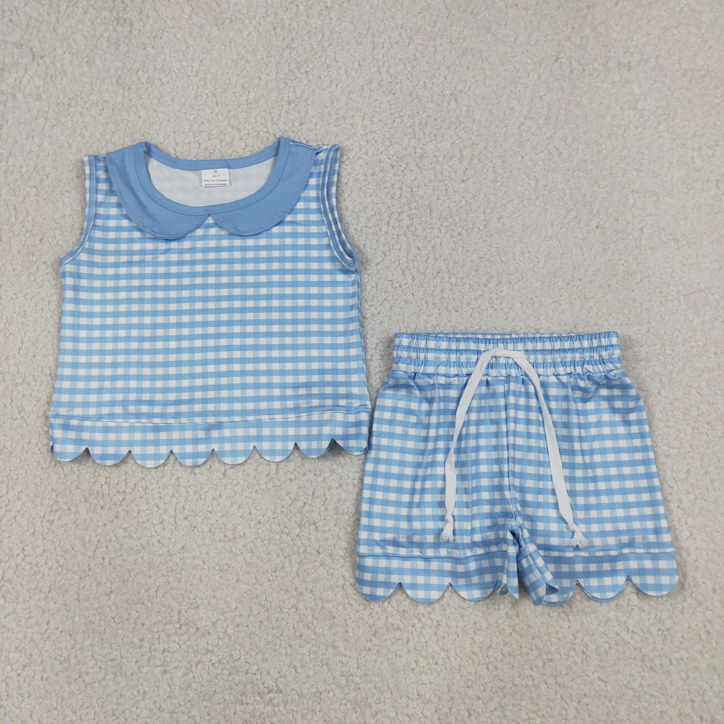 GSSO3397 RTS NO MOQ （In stock）Sleeveless light blue plaid scallop top shorts girls outfits