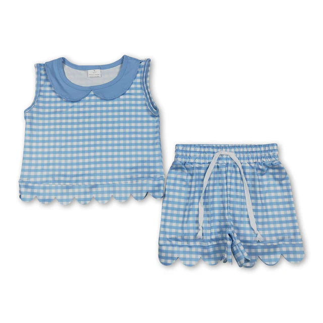 RTS Sibling Baby Girls Short Sleeve Collar Checked Top Pockets Shorts Scallop Clothes Sets