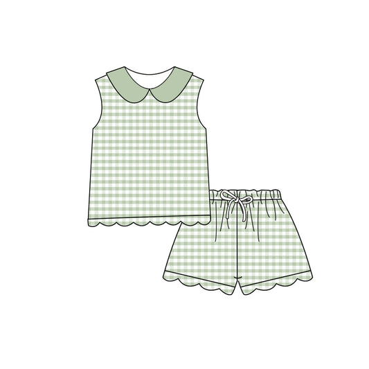 2.11 GSSO3398 Pre order No Moq Cute Casual Clothing For Girls Baby Girls Sleeveless Green Checked Collar Top Scallop Shorts Clothes Set