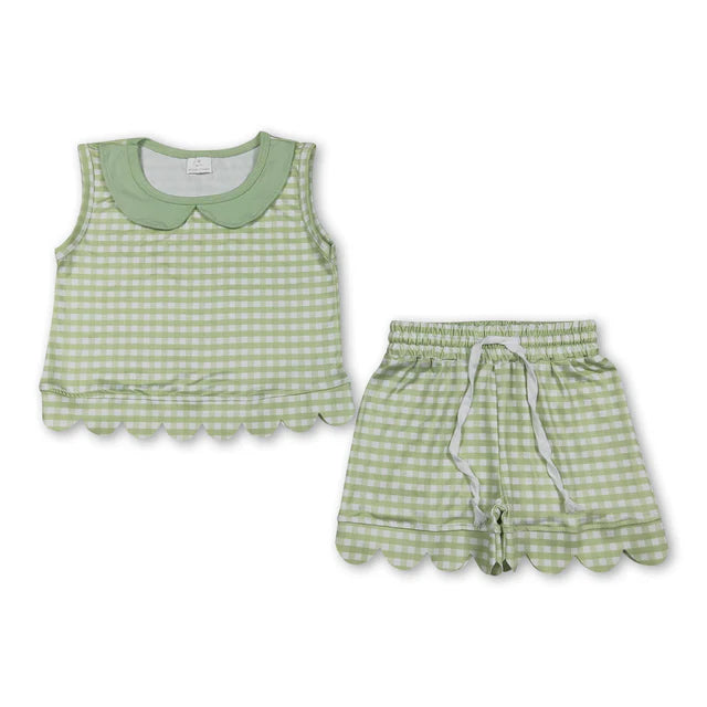 RTS Sibling Baby Girls Short Sleeve Collar Checked Top Pockets Shorts Scallop Clothes Sets