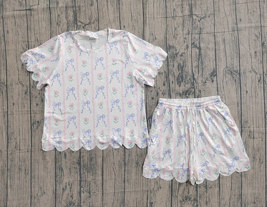 3.9 RTS NO MOQ （In stock）GSSO3405 Adult Women Bows Flowers Stripe Top Scallop Short Clothes Sets