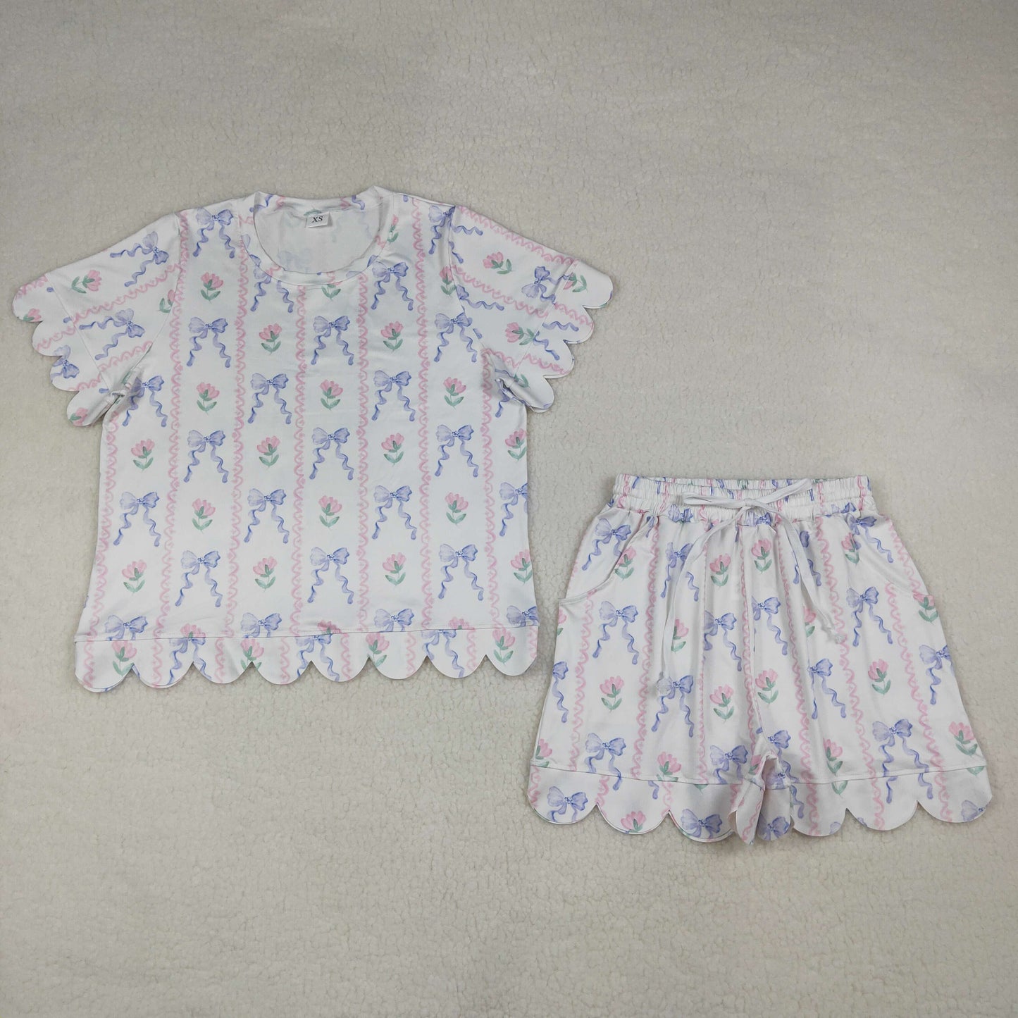 4.9 GSSO3405 RTS NO MOQ （In stock）Short sleeves floral bow top shorts adult women outfits