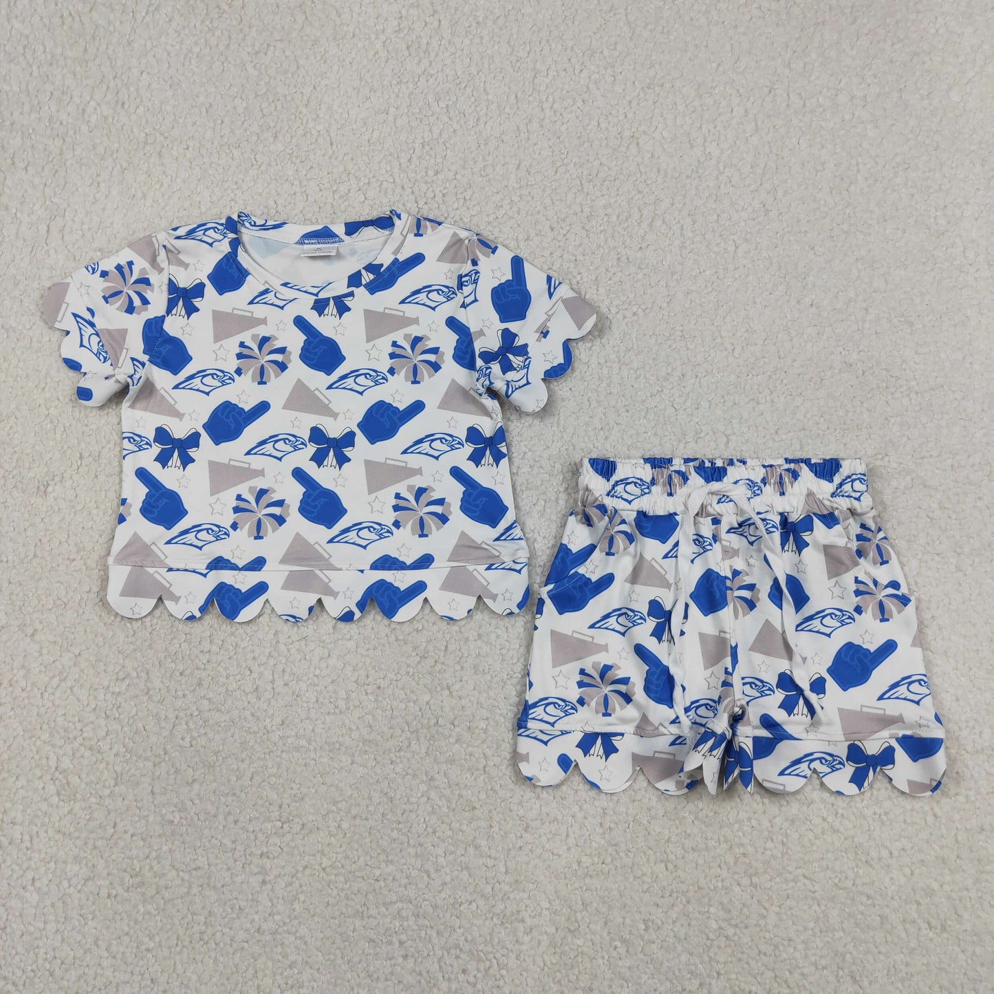 GSSO3408 RTS NO MOQ （In stock ）Short sleeves blue bow scallop top shorts girls team outfits