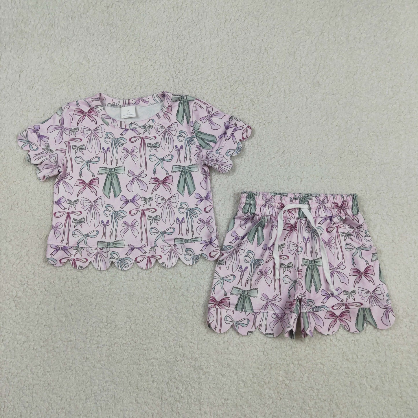 GSSO3409 RTS NO MOQ （In stock ）Short sleeves bows scallop top shorts girls summer clothes