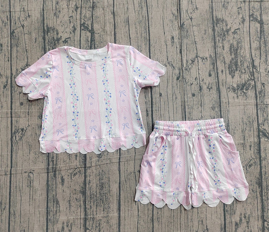 3.9 GSSO3410 Sample No Moq Baby Girls Flowers Bows Stripe Top Scallop Shorts Clothes Set