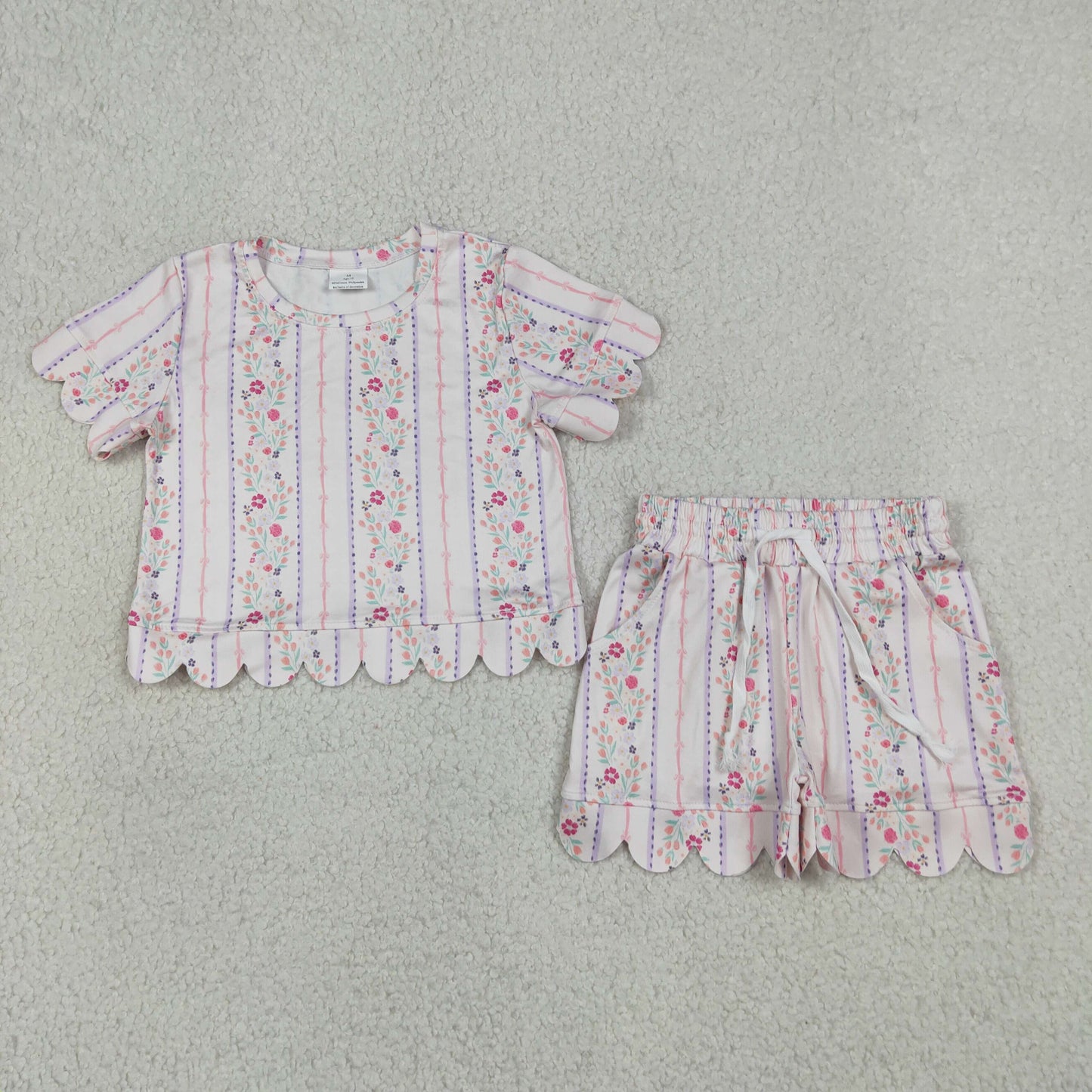 GSSO3411 RTS NO MOQ （In stock）Baby Girls Flowers Stripe Top Scallop Shorts Clothes