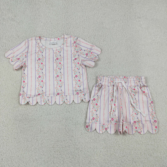GSSO3411 RTS NO MOQ （In stock）Baby Girls Flowers Stripe Top Scallop Shorts Clothes
