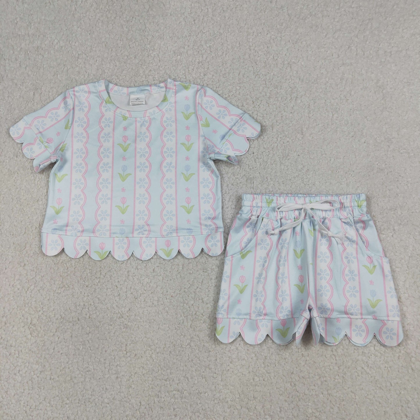 4.8 GSSO3412 RTS NO MOQ （In stock）Short sleeves light blue floral scallop kids girls summer outfits