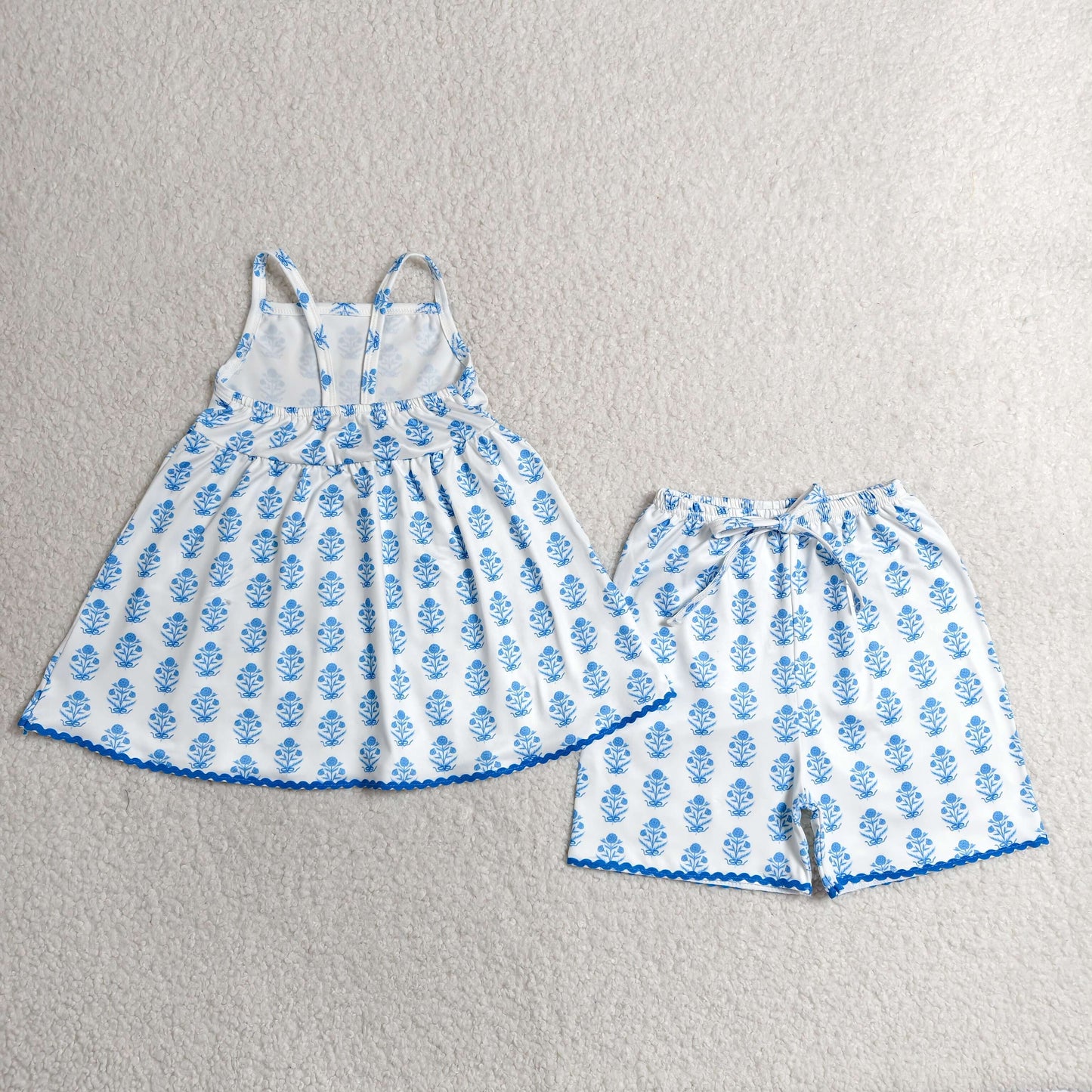 GSSO3416 RTS NO MOQ （In stock）Baby Girls Strap Blue Flowers Tunic Short Clothes Sets