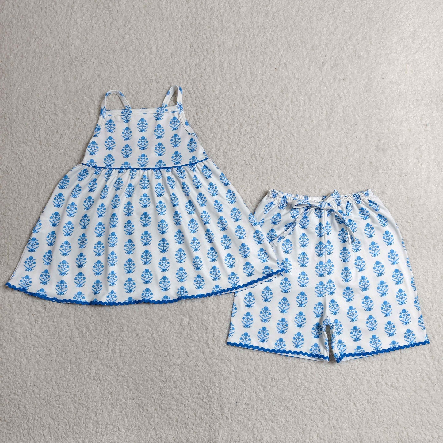 GSSO3416 RTS NO MOQ （In stock）Baby Girls Strap Blue Flowers Tunic Short Clothes Sets