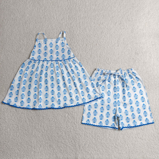 GSSO3416 RTS NO MOQ （In stock）Baby Girls Strap Blue Flowers Tunic Short Clothes Sets
