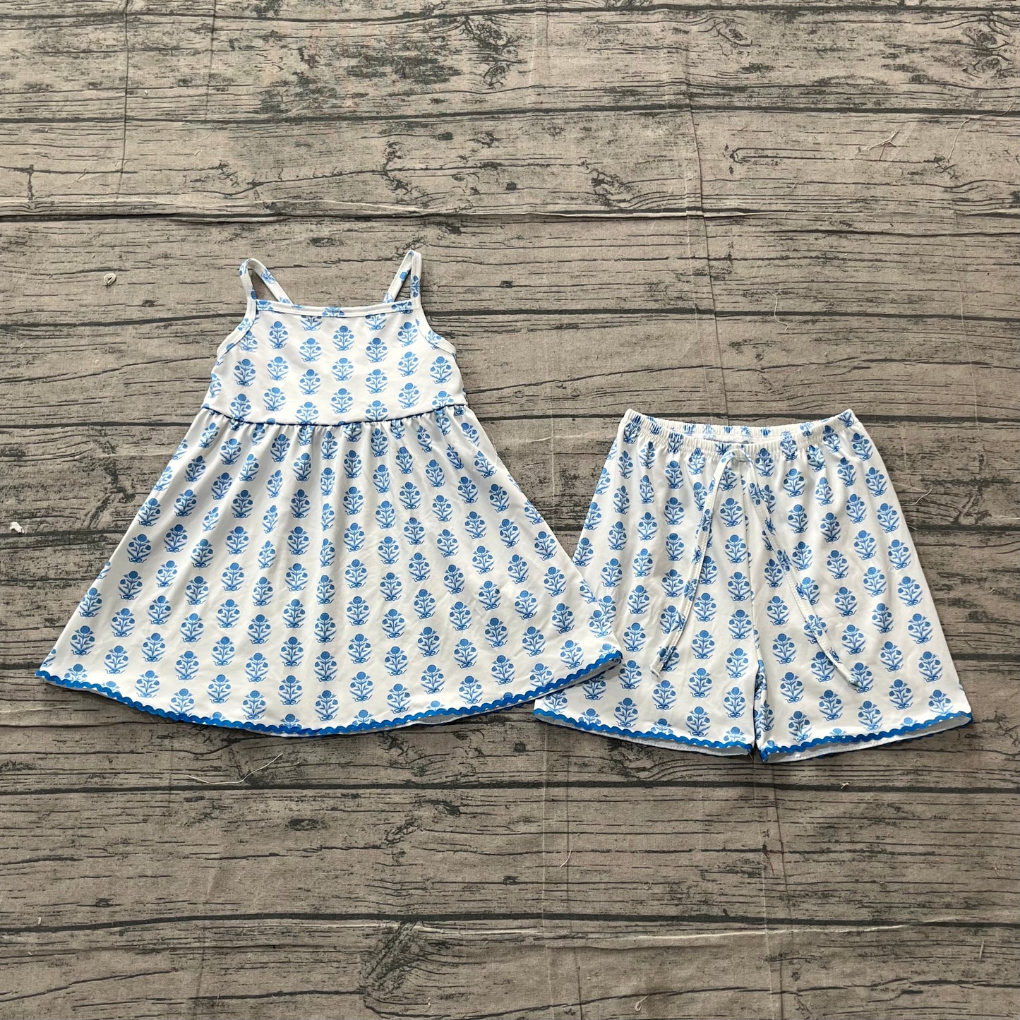 5.4 GSSO3416 Sample No Moq Baby Girls Strap Blue Flowers Tunic Short Clothes Sets