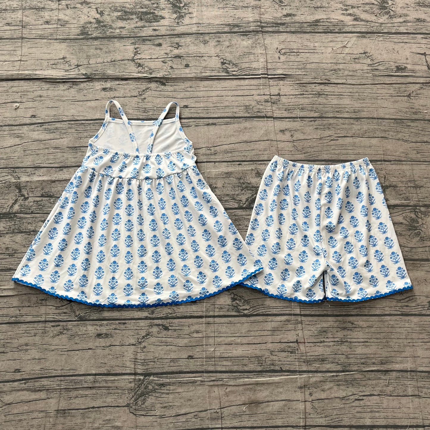 5.4 GSSO3416 Sample No Moq Baby Girls Strap Blue Flowers Tunic Short Clothes Sets