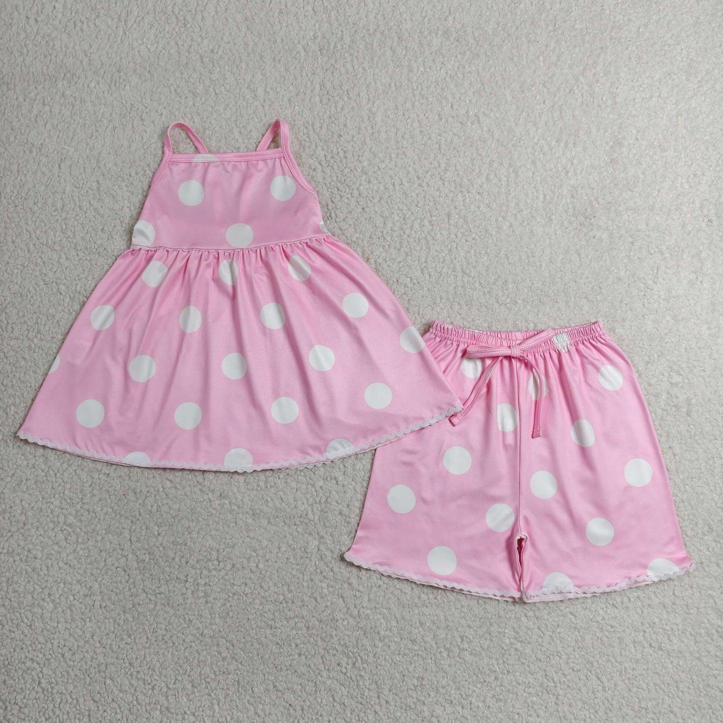 GSSO3417RTS NO MOQ （In stock ）Pink straps polka dots tunic shorts girls summer clothes
