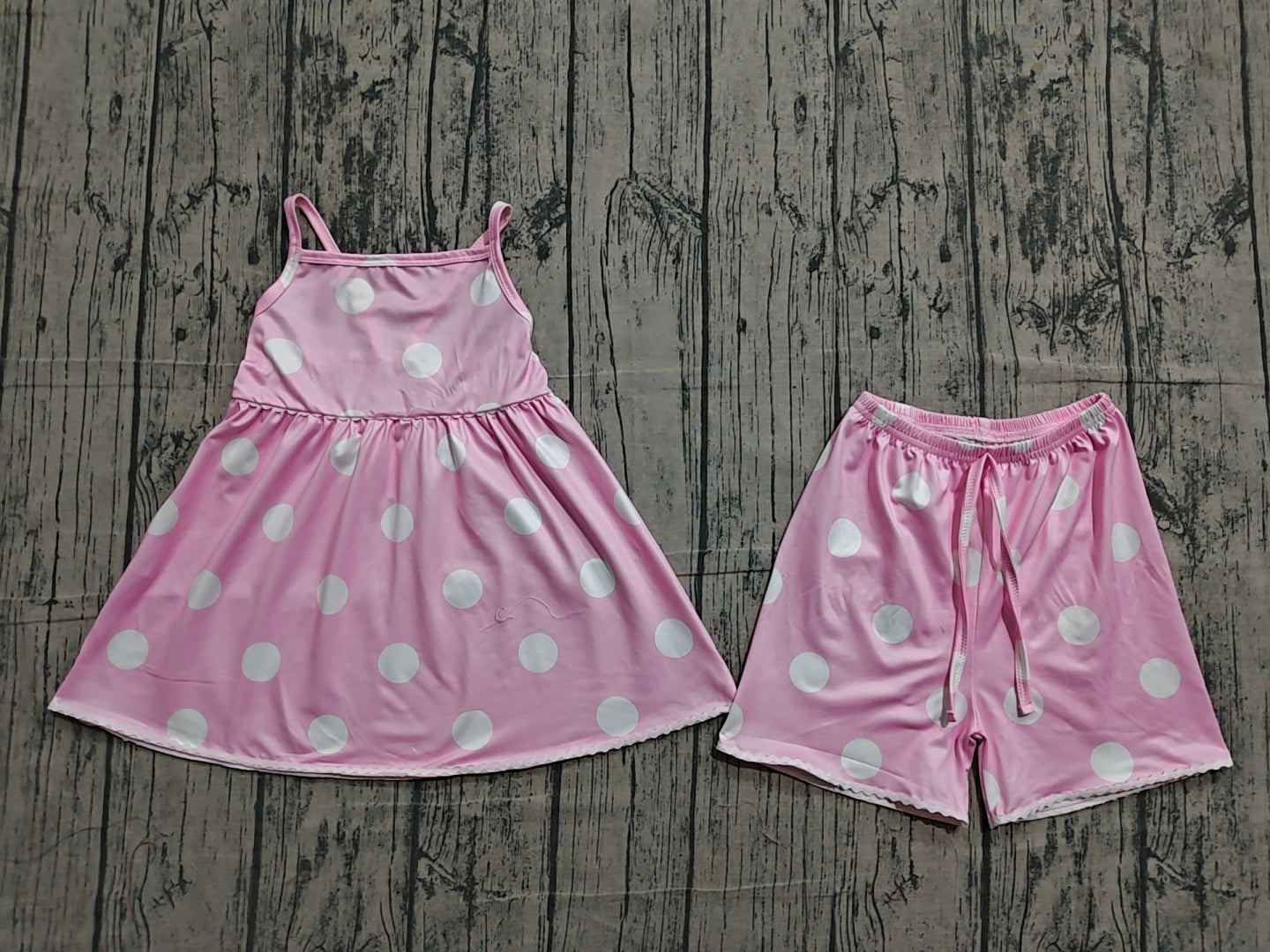 4.13 GSSO3417  Sample No Moq Baby Girls Pink Strap Polka Dots Tunic Short Clothes Sets