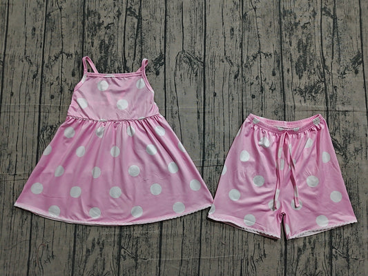 4.13 GSSO3417  Sample No Moq Baby Girls Pink Strap Polka Dots Tunic Short Clothes Sets