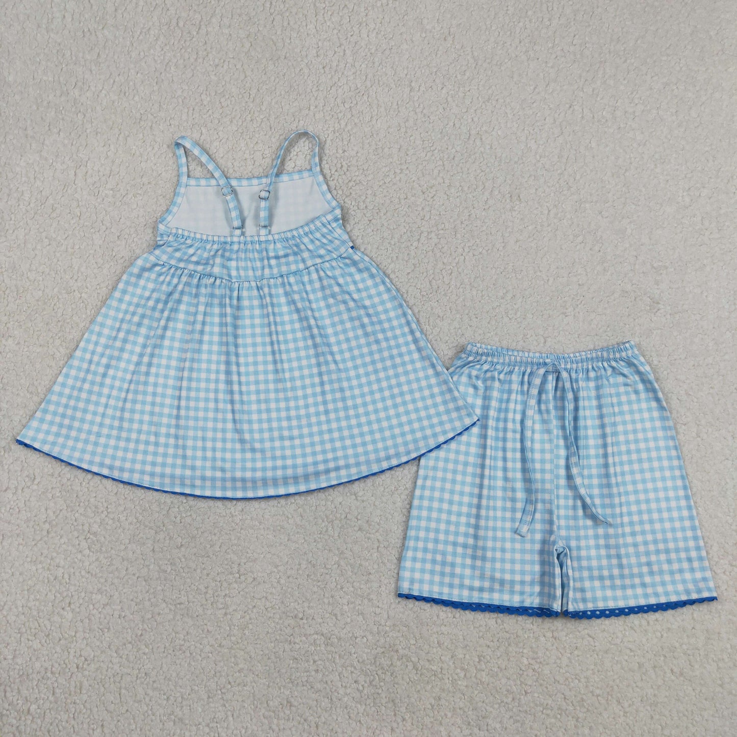 GSSO3418 RTS NO MOQ （In stock ）Straps blue plaid tunic shorts kids girls outfits