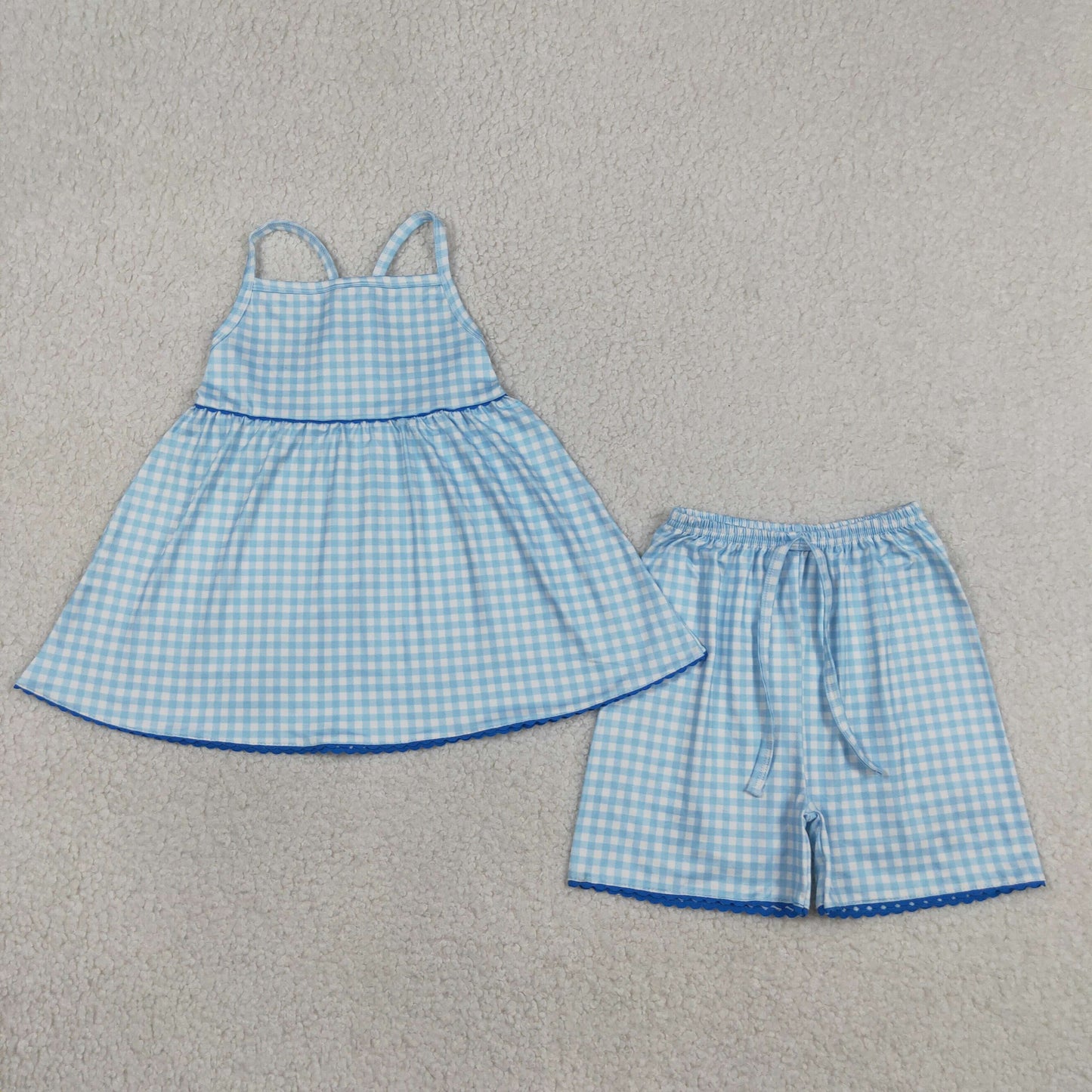 GSSO3418 RTS NO MOQ （In stock ）Straps blue plaid tunic shorts kids girls outfits