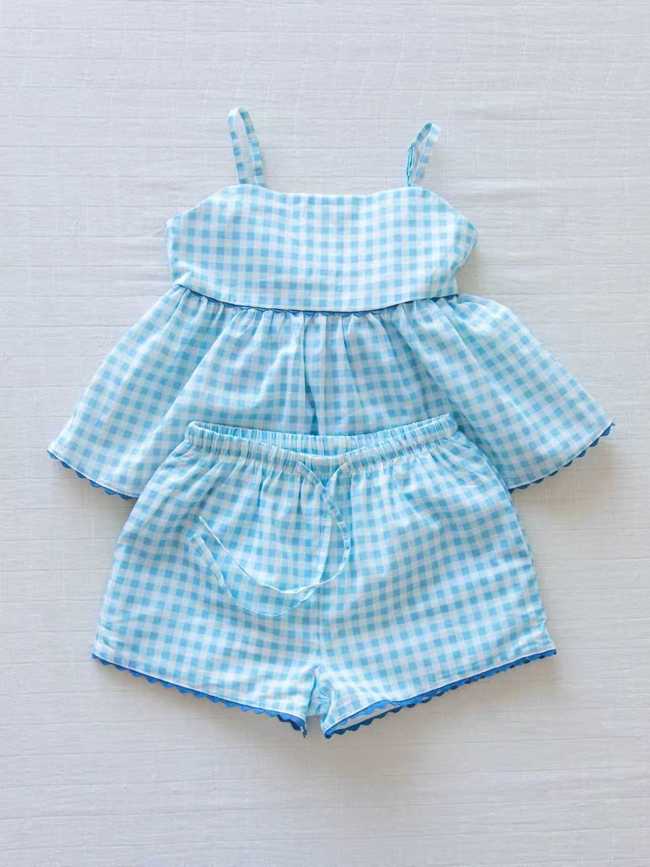 2.12 GSSO3418 Pre order No Moq Baby Girls Blue Checked Strap Tunic Short Clothes Sets