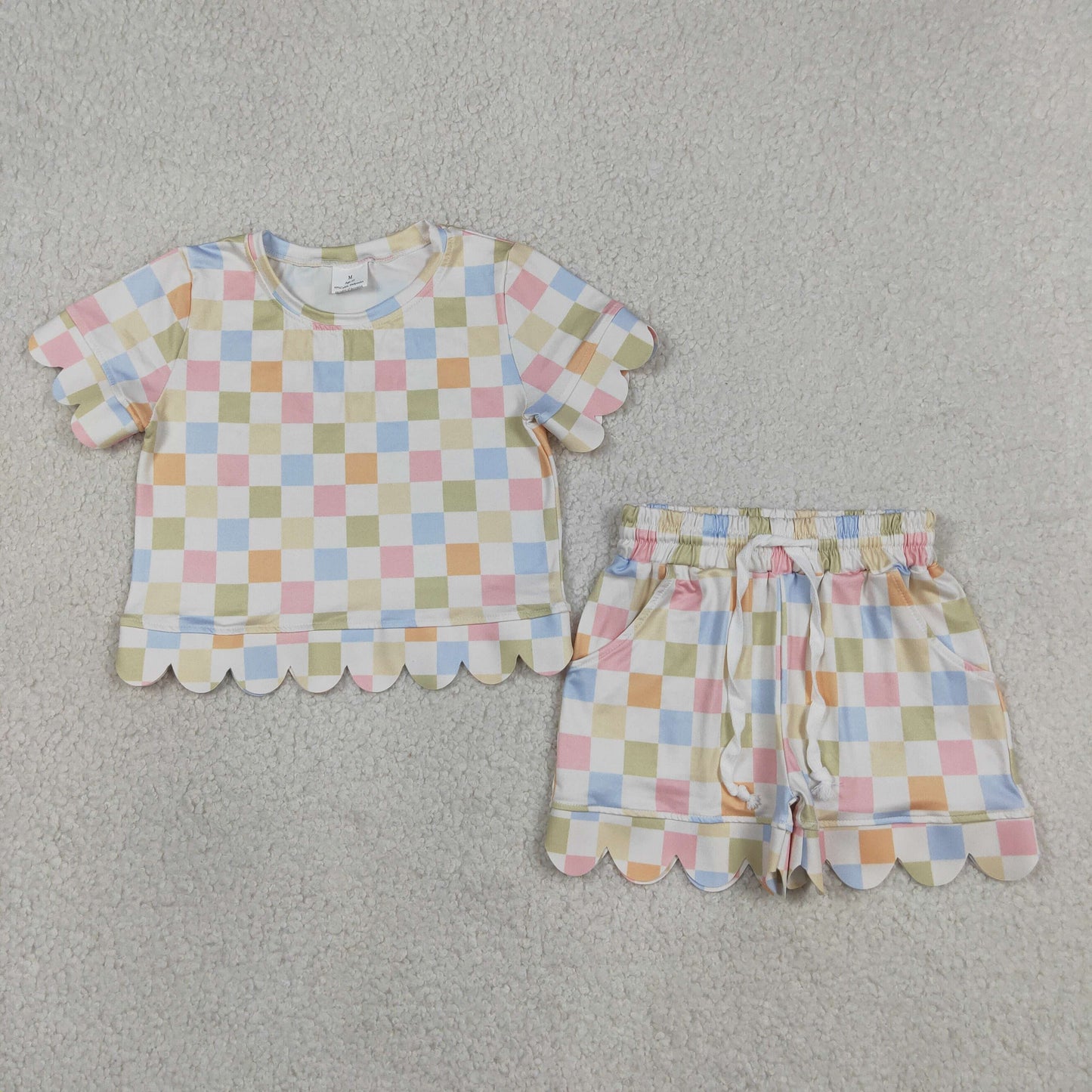 GSSO3419 RTS NO MOQ （In stock ）Short sleeves colorful plaid scallop top shorts girls outfits