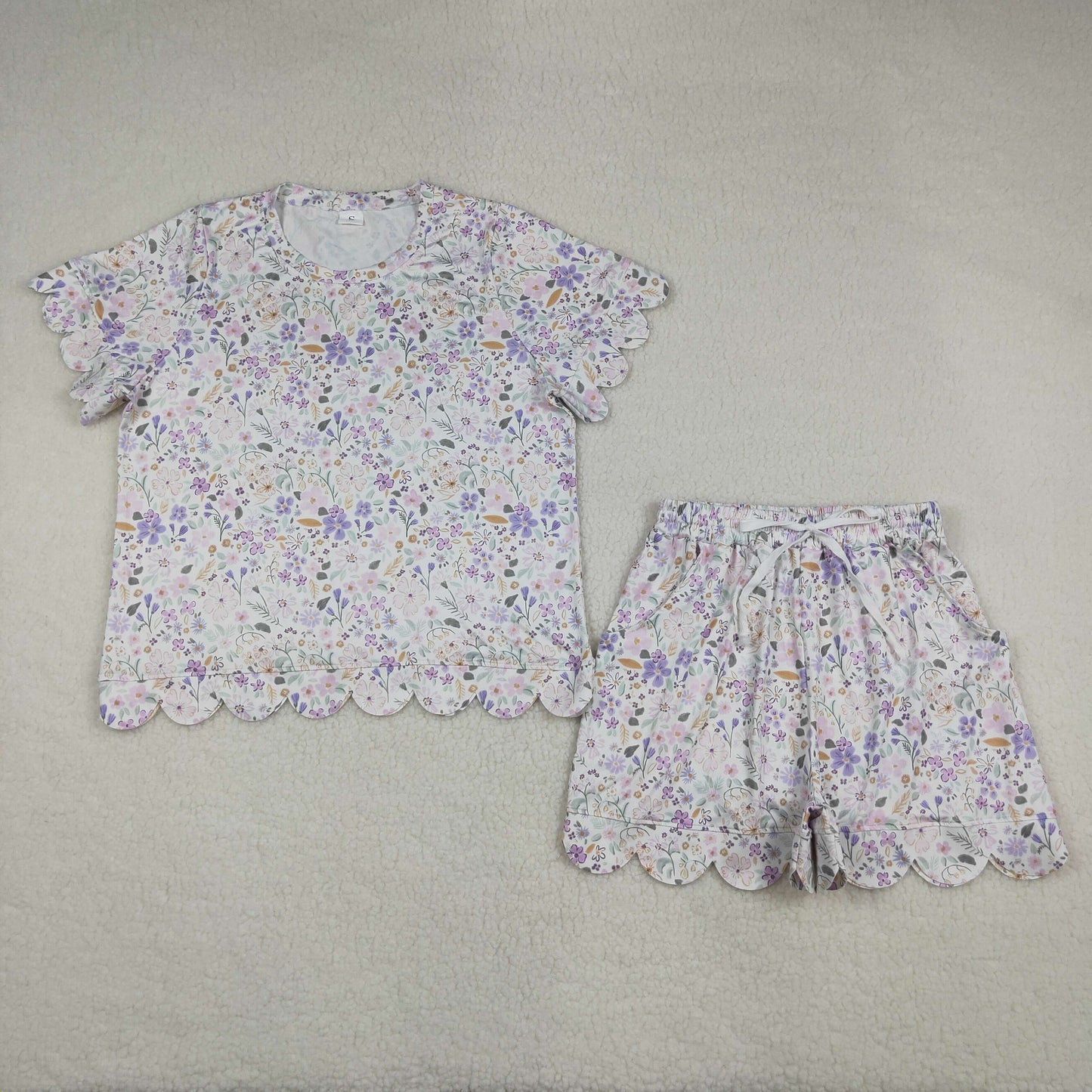 GSSO3420 RTS NO MOQ （In stock）Lavender white floral bow top shorts adult women outfits