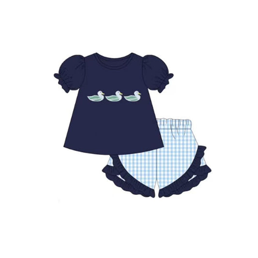 2.27 GSSO3423 Pre order No Moq Cute Casual Clothing For Girls Baby Girls Navy Ducks Tunic Checked Ruffle Short Hunting Clothes Sets