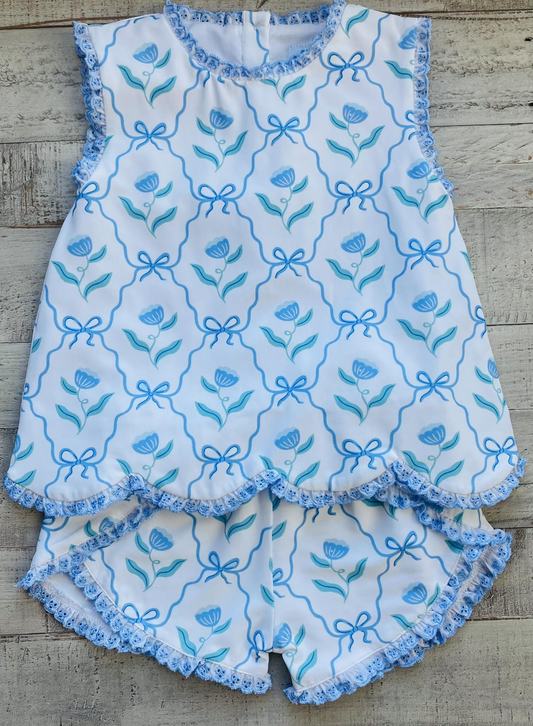 2.28 GSSO3426 Pre order No Moq Cute Clothing For Girls Summer  Blue Bow Flowers Checked Tunic Ruffle Shorts Clothes Set