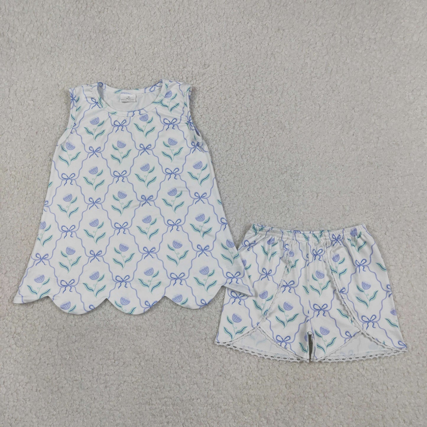 GSSO3426 RTS NO MOQ （In stock ）Sleeveless floral bow scallop top shorts girls outfits