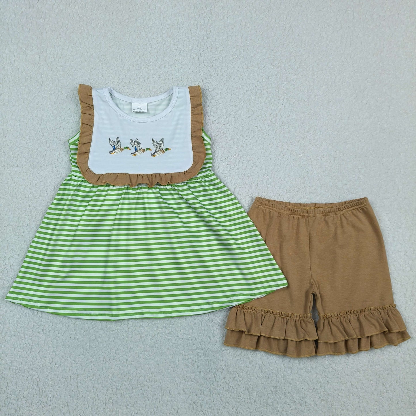 GSSO3432 RTS NO MOQ （In stock ）Duck embroidery stripe tunic brown shorts girls outfits