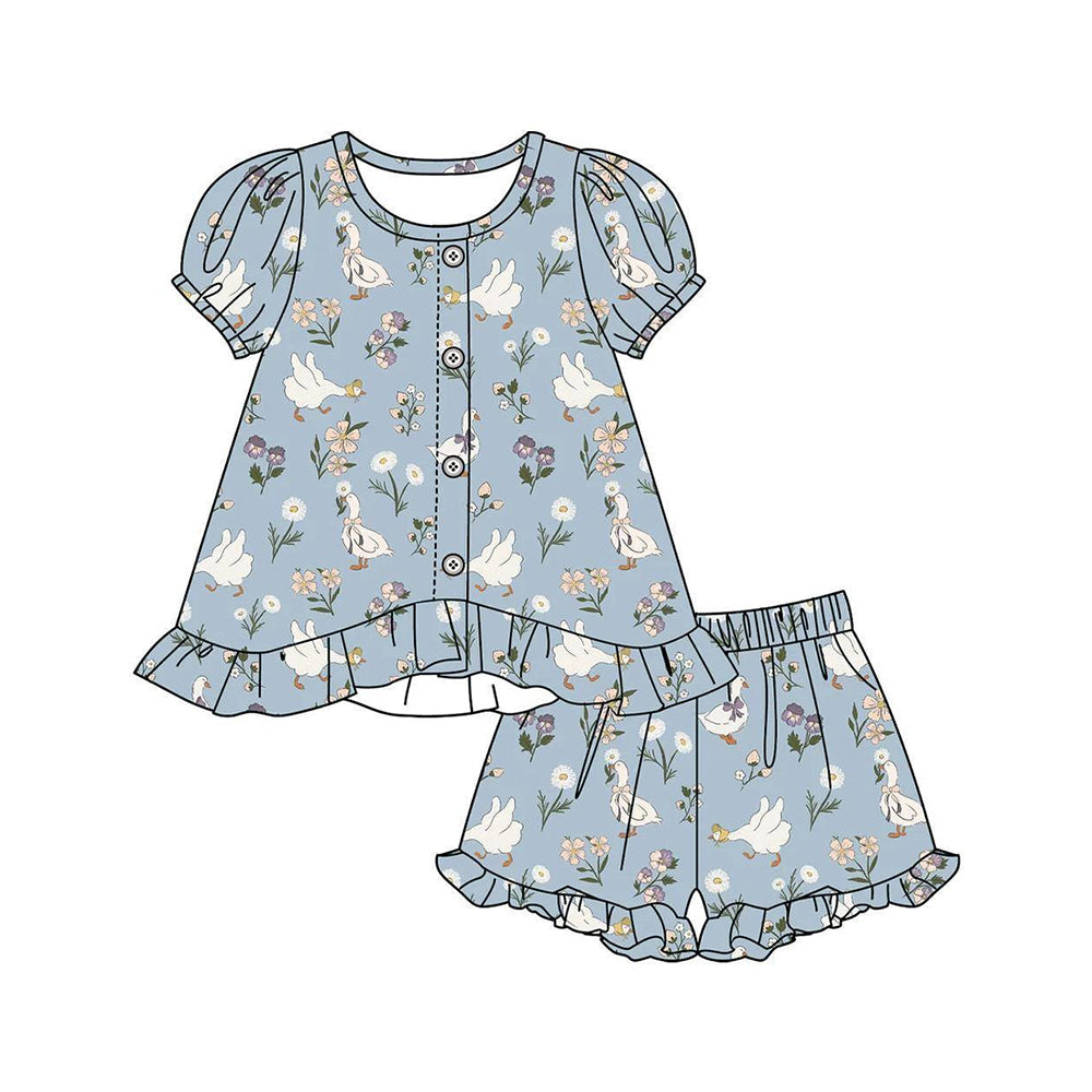 3.3 GSSO3433 Pre order No Moq Cute Fashion Clothing Baby Girls Flowers Gooses Button Tunic Ruffle Short Clothes Sets